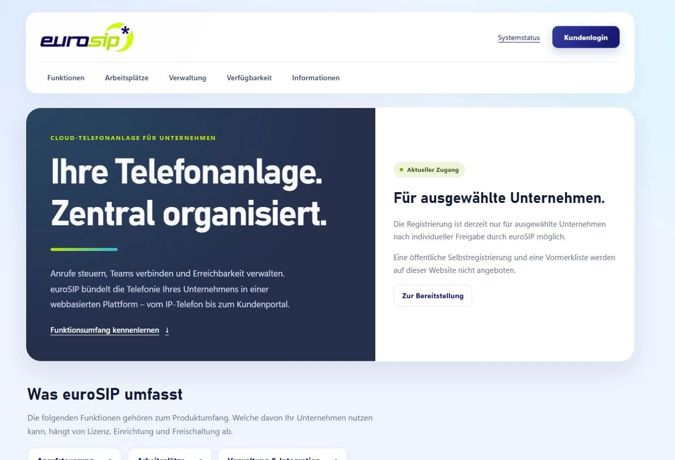 Startseite von euroSIP mit Informationen zu Cloud-Telefonie und Zugang