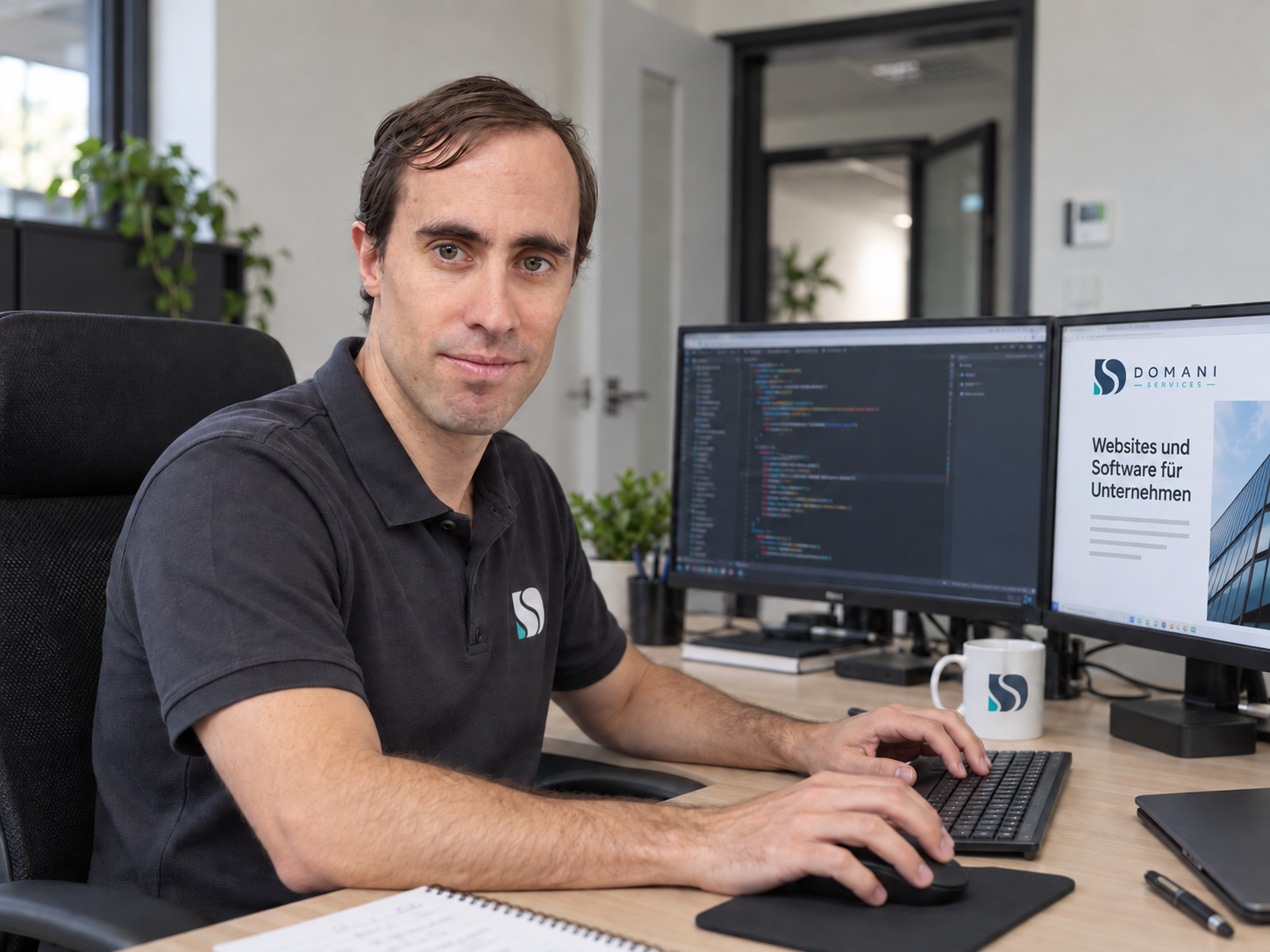 KI-generiertes Arbeitsmotiv mit Thomas Domani am Computer